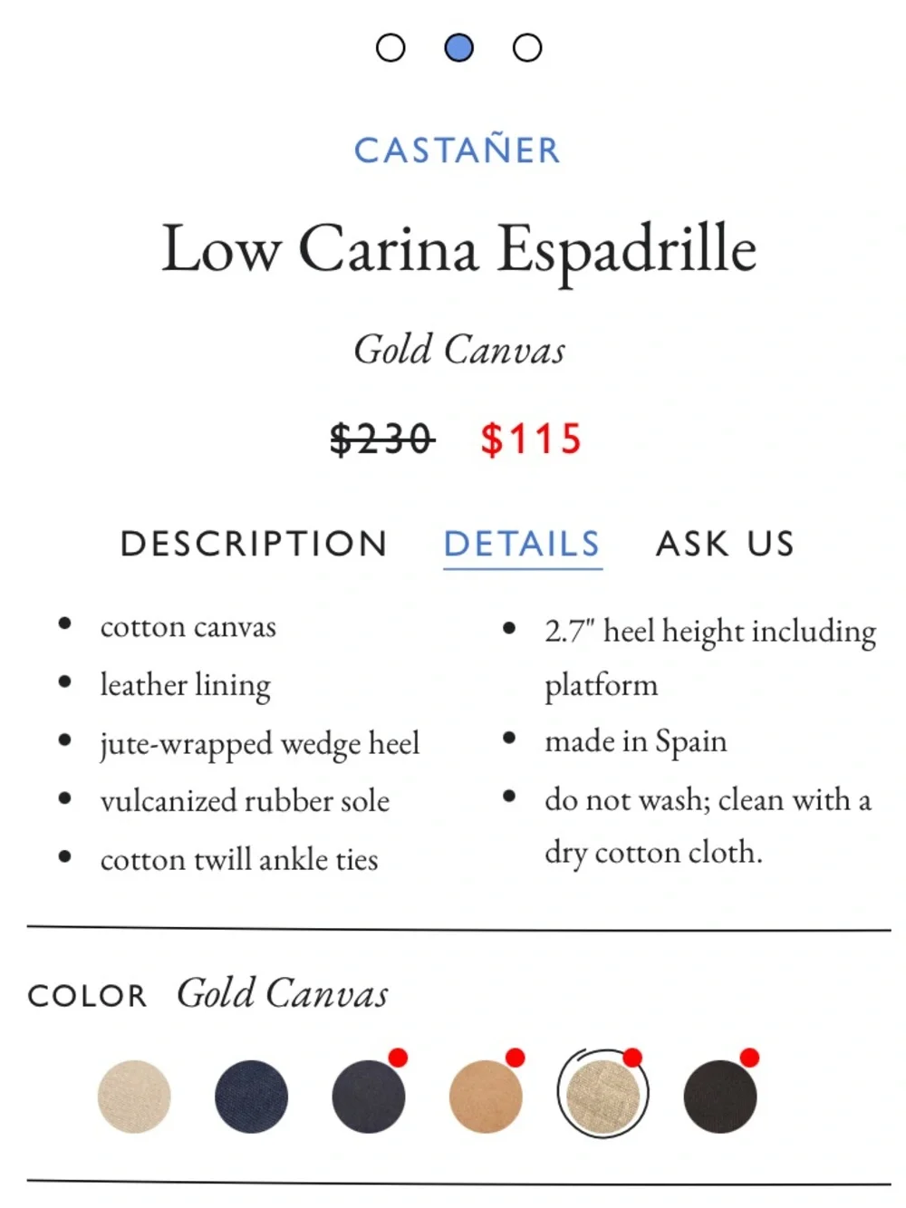 Castañer Low Carina Espadrille in Gold Canvas